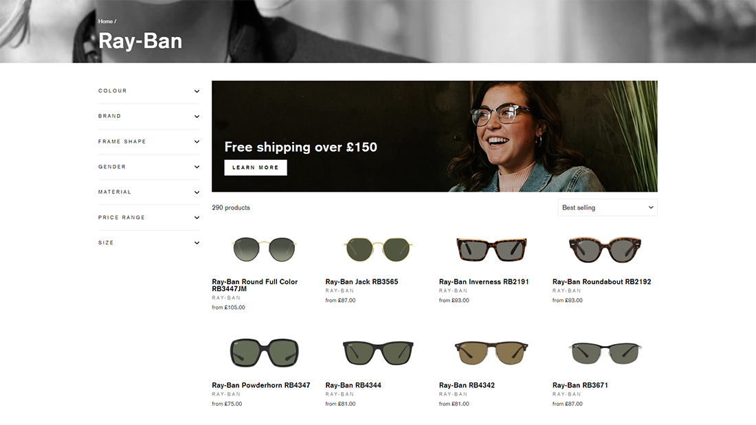 ecommerce web design ray-ban glasses page by Yellow Pixel