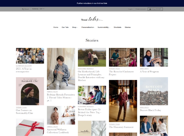 thread tales shopify website design for stories blog page