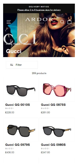ardor eyewear ecommerce for opticians mobile collection page