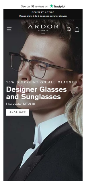 ardor eyewear ecommerce for opticians mobile homepage