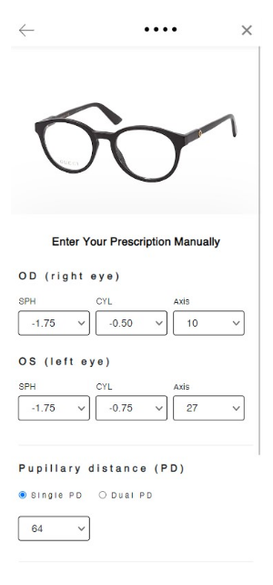 ardor eyewear ecommerce for opticians mobile prescription page